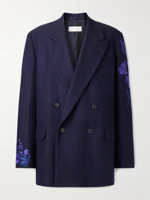 Double-Breasted Embroidered Wool-Flannel Blazer