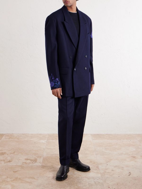 Double-Breasted Embroidered Wool-Flannel Blazer - OU