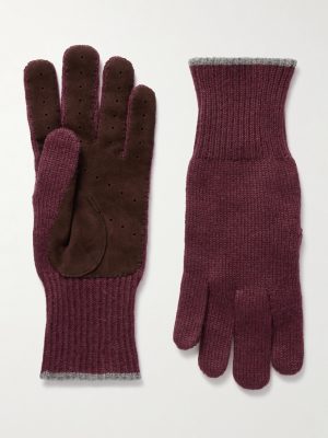 Suede-Trimmed Ribbed Cashmere Gloves