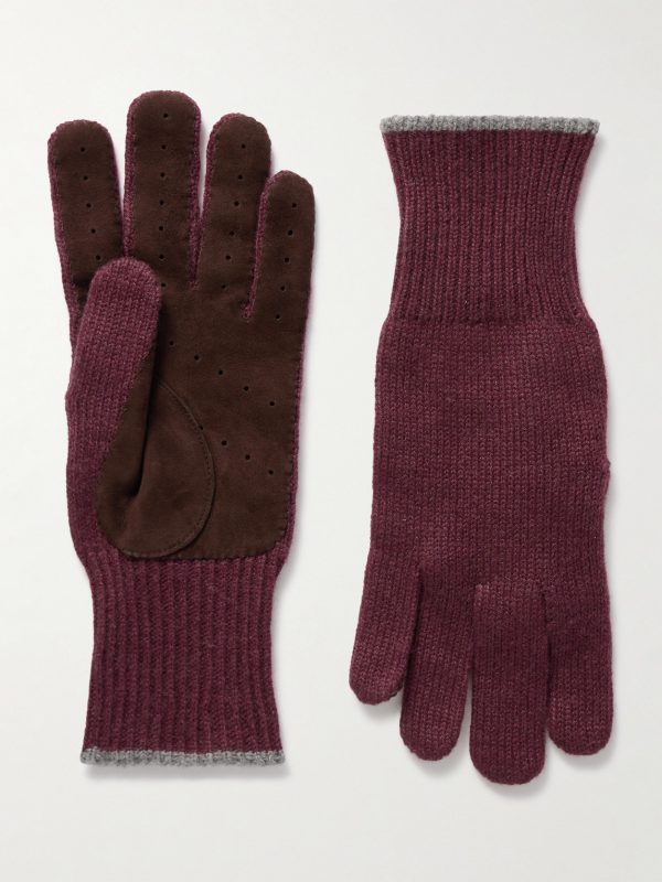 Suede-Trimmed Ribbed Cashmere Gloves