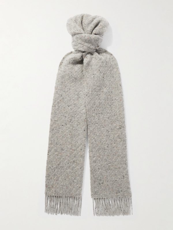 Lofty Fringed Cashmere-Herringbone Scarf