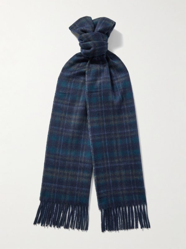 Reversible Fringed Checked and Herringbone Cashmere Scarf Reversible Fringed Checked and Herringbone Cashmere Scarf