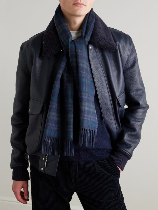 Reversible Fringed Checked and Herringbone Cashmere Scarf - OU Reversible Fringed Checked and Herringbone Cashmere Scarf - OU