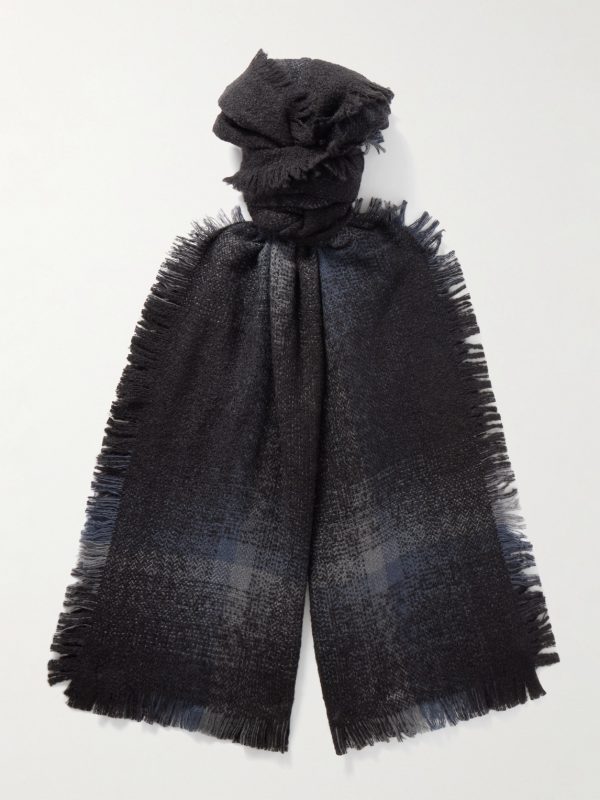 Frayed Checked Cashmere and Silk-Blend Bouclé Scarf Frayed Checked Cashmere and Silk-Blend Bouclé Scarf
