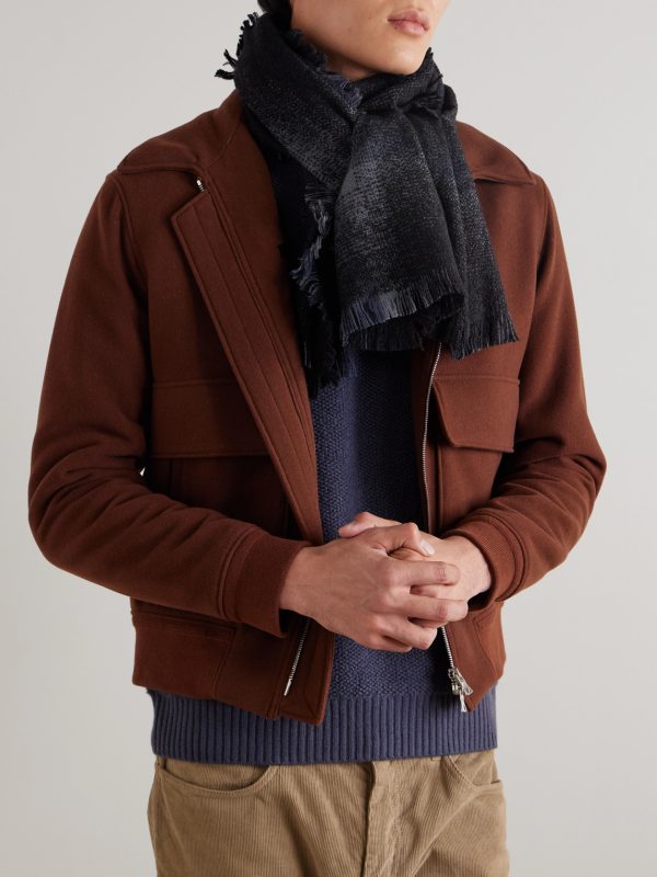 Frayed Checked Cashmere and Silk-Blend Bouclé Scarf - OU Frayed Checked Cashmere and Silk-Blend Bouclé Scarf - OU