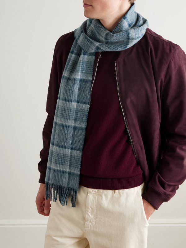 Fringed Checked and Striped Cashmere Scarf - OU Fringed Checked and Striped Cashmere Scarf - OU