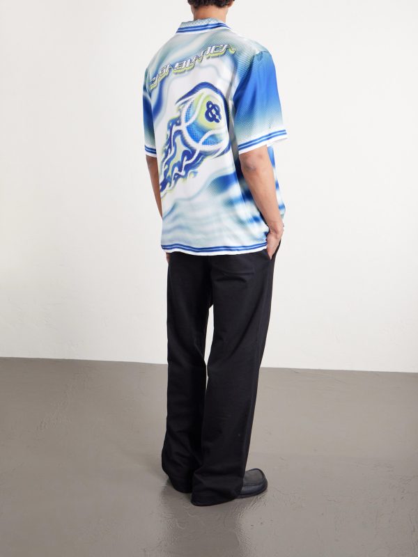 Flaming Tennis Ball Camp-Collar Printed Silk-Twill Shirt - BK