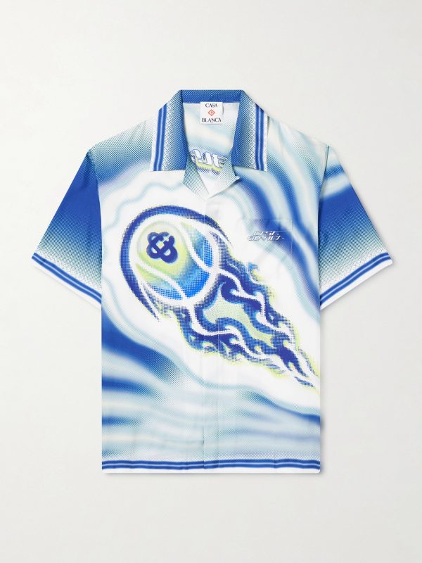 Flaming Tennis Ball Camp-Collar Printed Silk-Twill Shirt