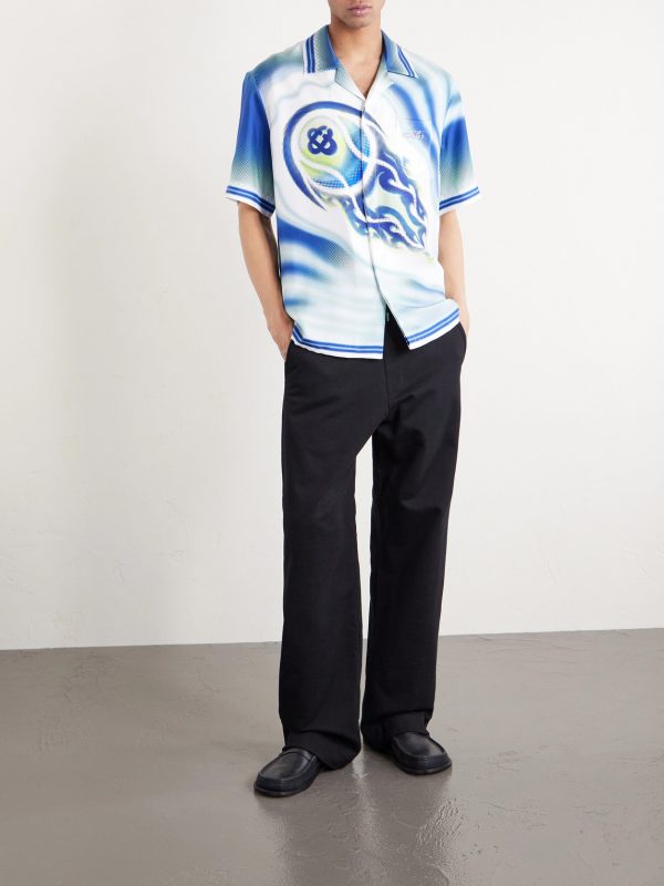 Flaming Tennis Ball Camp-Collar Printed Silk-Twill Shirt - OU