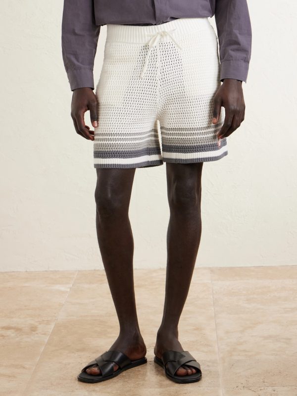 Straight-Leg Logo-Appliquéd Striped Crocheted Cotton Drawstring Shorts - FR
