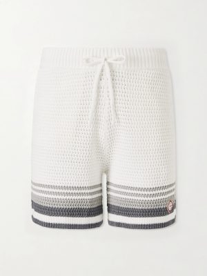 Straight-Leg Logo-Appliquéd Striped Crocheted Cotton Drawstring Shorts