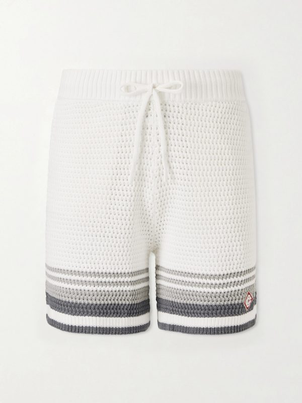 Straight-Leg Logo-Appliquéd Striped Crocheted Cotton Drawstring Shorts