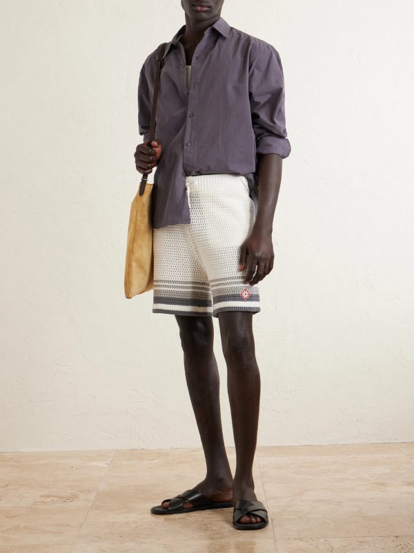 Straight-Leg Logo-Appliquéd Striped Crocheted Cotton Drawstring Shorts - OU