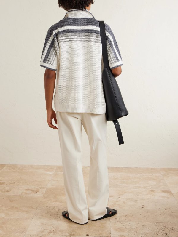 Camp-Collar Logo-Appliquéd Striped Crocheted Cotton Shirt - BK Camp-Collar Logo-Appliquéd Striped Crocheted Cotton Shirt - BK