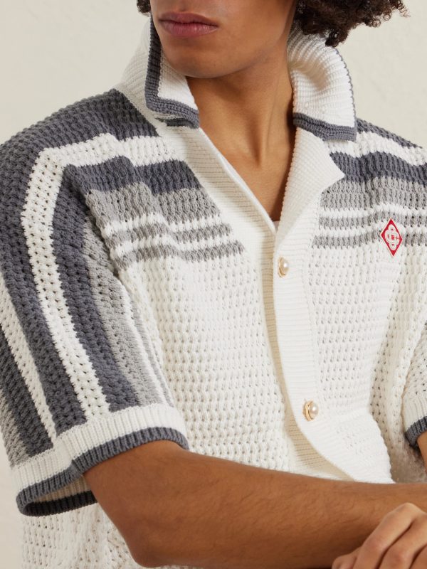 Camp-Collar Logo-Appliquéd Striped Crocheted Cotton Shirt - CU Camp-Collar Logo-Appliquéd Striped Crocheted Cotton Shirt - CU