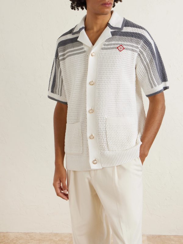 Camp-Collar Logo-Appliquéd Striped Crocheted Cotton Shirt - FR Camp-Collar Logo-Appliquéd Striped Crocheted Cotton Shirt - FR