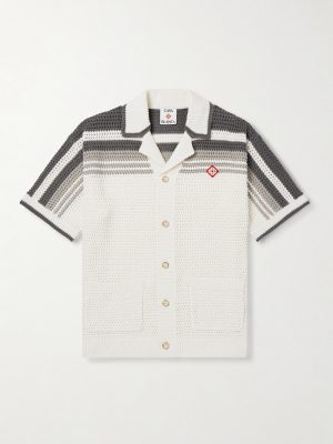 Camp-Collar Logo-Appliquéd Striped Crocheted Cotton Shirt
