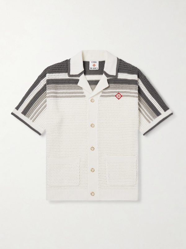 Camp-Collar Logo-Appliquéd Striped Crocheted Cotton Shirt Camp-Collar Logo-Appliquéd Striped Crocheted Cotton Shirt