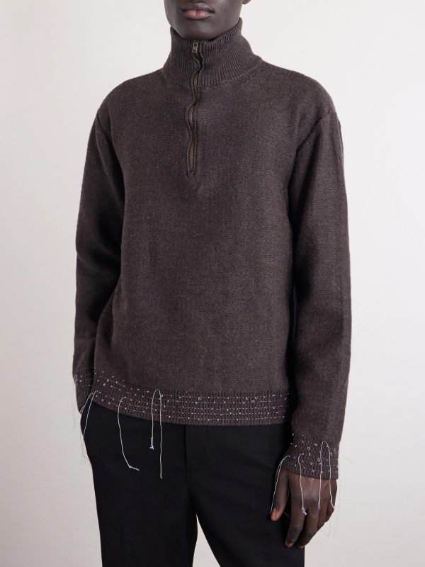 Embroidered Stretch-Wool Half-Zip Sweater - FR Embroidered Stretch-Wool Half-Zip Sweater - FR