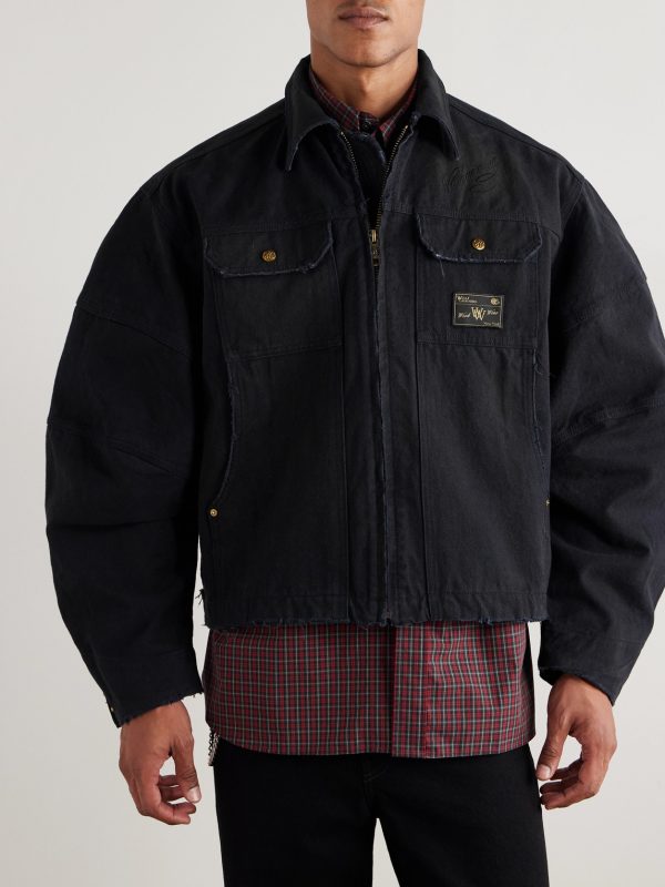 Stockton Cropped Logo-Detailed Distressed Denim Jacket - FR