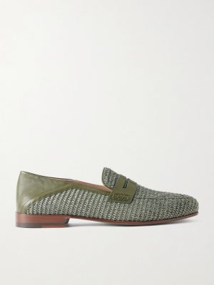Padstow Collapsible-Heel Leather-Trimmed Raffia Loafers