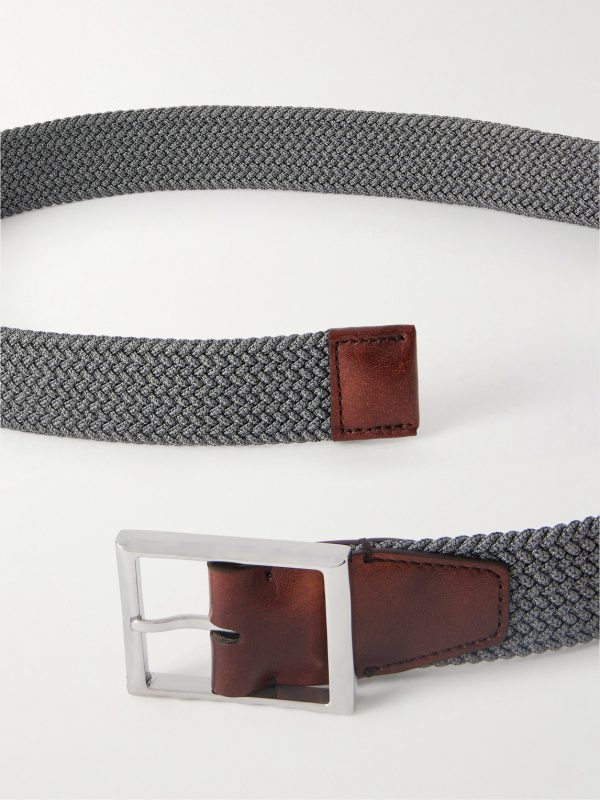 3.5cm Leather-Trimmed Woven Elastic Belt - E1