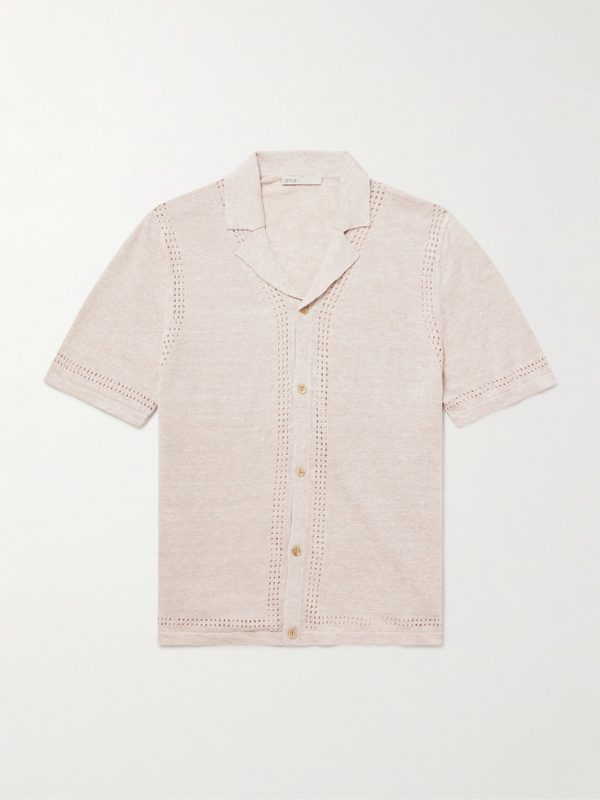 Camp-Collar Pointelle-Knit Linen Shirt