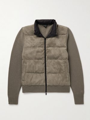 Shell-Trimmed Panelled Suede and Recycled-Cashmere Jacket