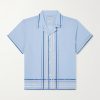 Ribbon Plaid Camp-Collar Satin-Trimmed Cotton-Poplin Shirt