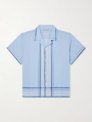 Ribbon Plaid Camp-Collar Satin-Trimmed Cotton-Poplin Shirt Ribbon Plaid Camp-Collar Satin-Trimmed Cotton-Poplin Shirt