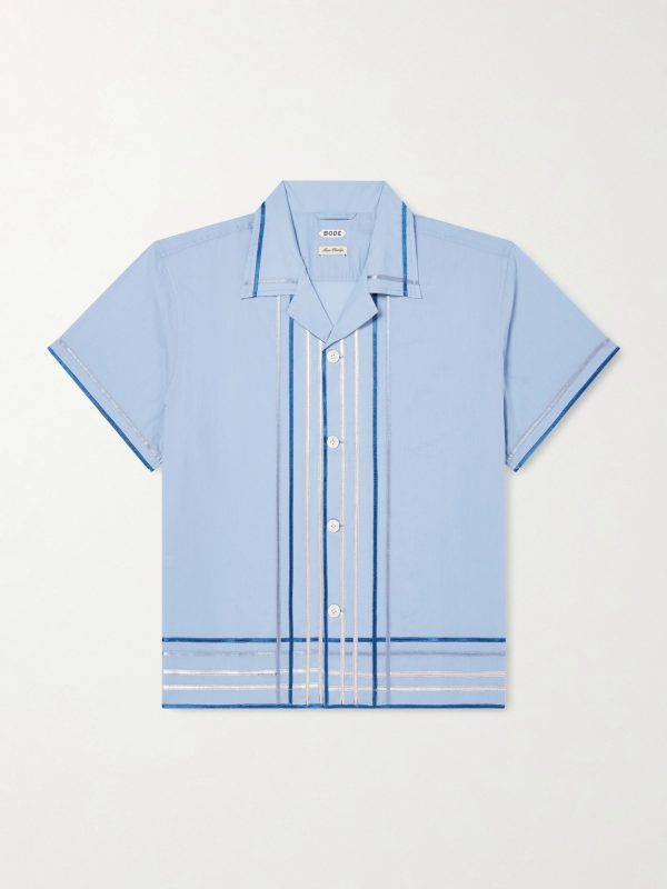 Ribbon Plaid Camp-Collar Satin-Trimmed Cotton-Poplin Shirt