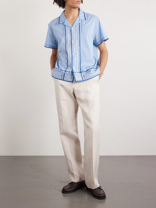 Ribbon Plaid Camp-Collar Satin-Trimmed Cotton-Poplin Shirt - OU