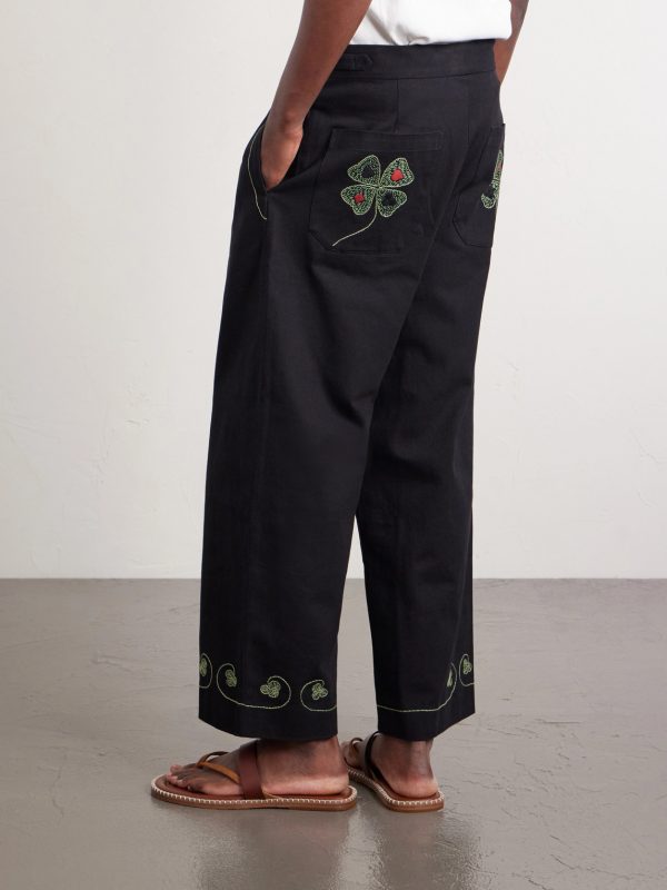Lucky Draw Straight-Leg Pleated Embroidered Cotton-Twill Trousers - BK Lucky Draw Straight-Leg Pleated Embroidered Cotton-Twill Trousers - BK