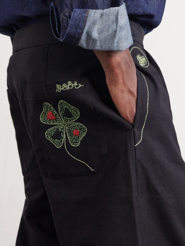 Lucky Draw Straight-Leg Pleated Embroidered Cotton-Twill Trousers - CU Lucky Draw Straight-Leg Pleated Embroidered Cotton-Twill Trousers - CU