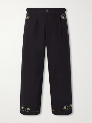 Lucky Draw Straight-Leg Pleated Embroidered Cotton-Twill Trousers Lucky Draw Straight-Leg Pleated Embroidered Cotton-Twill Trousers
