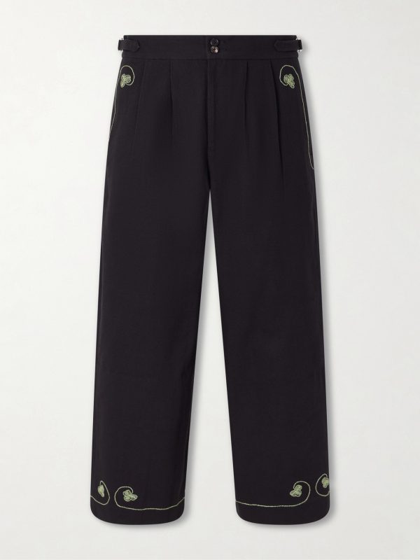 Lucky Draw Straight-Leg Pleated Embroidered Cotton-Twill Trousers Lucky Draw Straight-Leg Pleated Embroidered Cotton-Twill Trousers