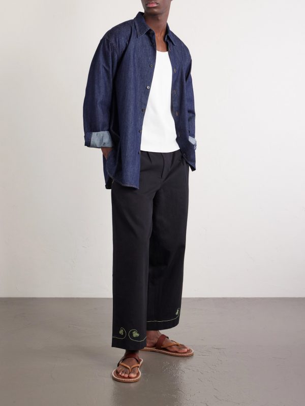 Lucky Draw Straight-Leg Pleated Embroidered Cotton-Twill Trousers - OU Lucky Draw Straight-Leg Pleated Embroidered Cotton-Twill Trousers - OU