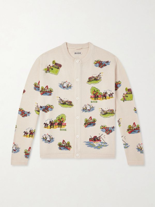 Camp Bead-Embellished Jacquard-Knit Wool and Cotton-Blend Cardigan Camp Bead-Embellished Jacquard-Knit Wool and Cotton-Blend Cardigan