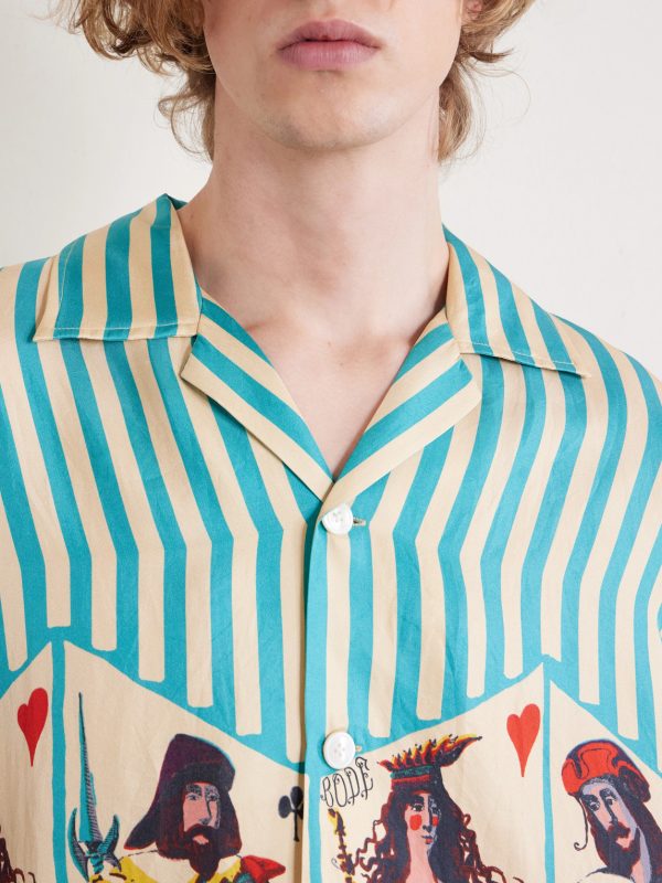Royals Camp-Collar Striped Printed Silk Shirt - E1