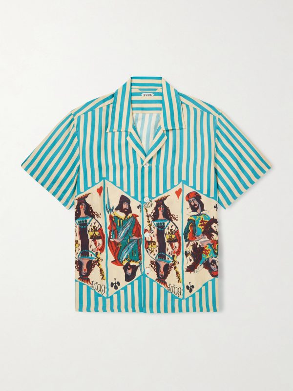 Royals Camp-Collar Striped Printed Silk Shirt