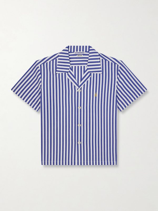 Calliope Camp-Collar Embroidered Striped Cotton-Poplin Shirt