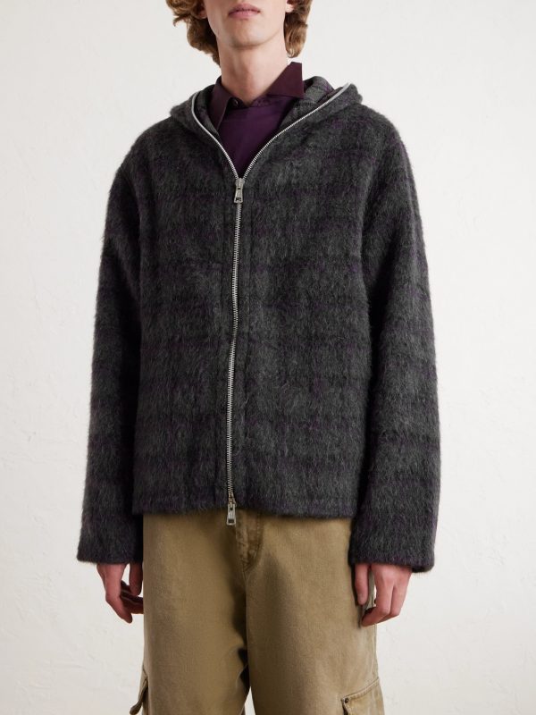 Checked Brushed Wool-Blend Zip-Up Hoodie - FR Checked Brushed Wool-Blend Zip-Up Hoodie - FR