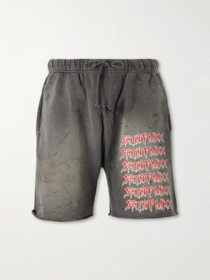 Wide-Leg Logo-Print Distressed Cotton-Jersey Drawstring Shorts Wide-Leg Logo-Print Distressed Cotton-Jersey Drawstring Shorts