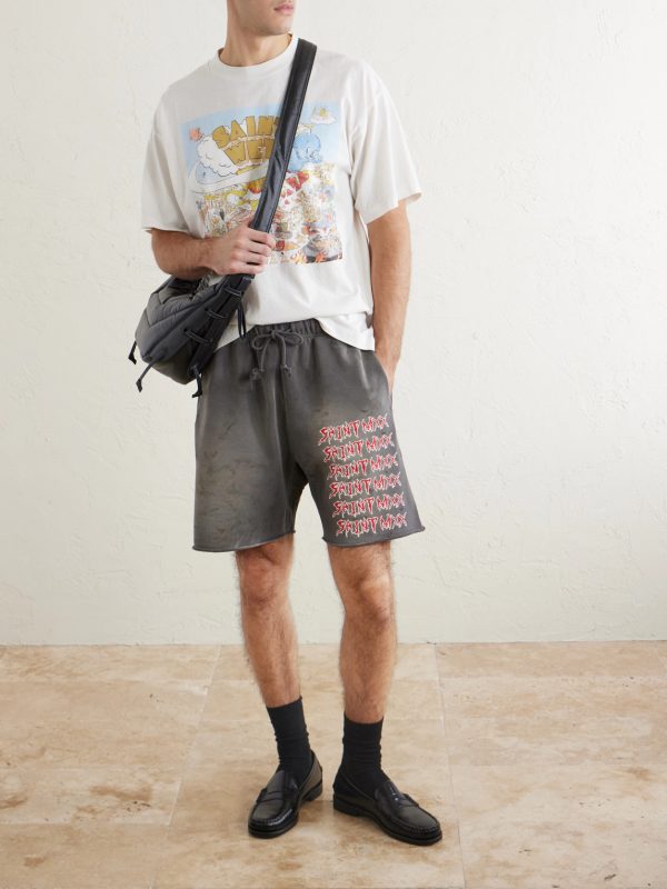 Wide-Leg Logo-Print Distressed Cotton-Jersey Drawstring Shorts - OU Wide-Leg Logo-Print Distressed Cotton-Jersey Drawstring Shorts - OU