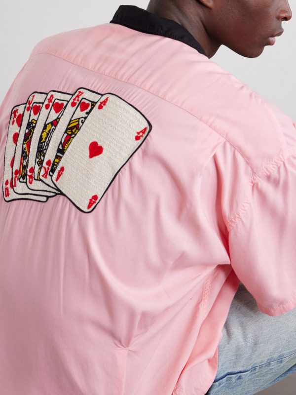 Deck of Cards Convertible-Collar Logo-Embroidered Satin Shirt - CU Deck of Cards Convertible-Collar Logo-Embroidered Satin Shirt - CU
