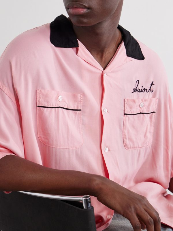 Deck of Cards Convertible-Collar Logo-Embroidered Satin Shirt - E1 Deck of Cards Convertible-Collar Logo-Embroidered Satin Shirt - E1