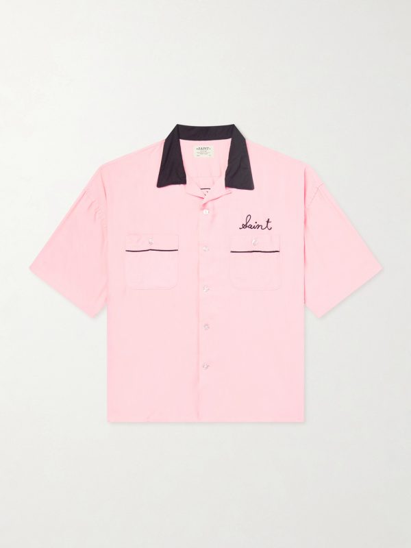 Deck of Cards Convertible-Collar Logo-Embroidered Satin Shirt Deck of Cards Convertible-Collar Logo-Embroidered Satin Shirt