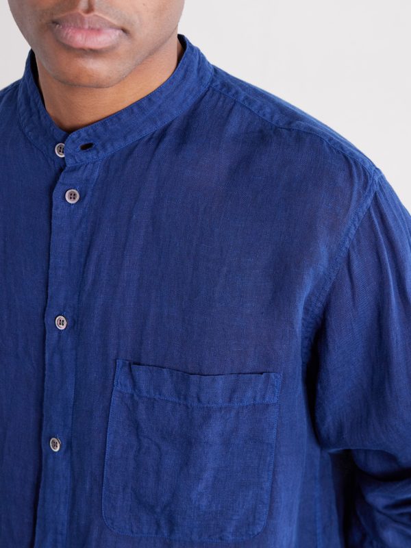 Grandad-Collar Linen-Chambray Shirt - CU Grandad-Collar Linen-Chambray Shirt - CU