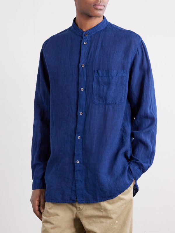 Grandad-Collar Linen-Chambray Shirt - FR Grandad-Collar Linen-Chambray Shirt - FR
