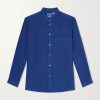 Grandad-Collar Linen-Chambray Shirt Grandad-Collar Linen-Chambray Shirt